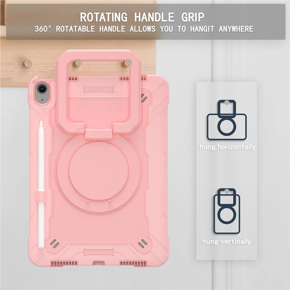 For iPad Air 11 (2026) / (2025) / (2024) Case with Shoulder Strap PC+Silicone Hand Grip Kickstand Tablet Cover - Rose Gold - 6