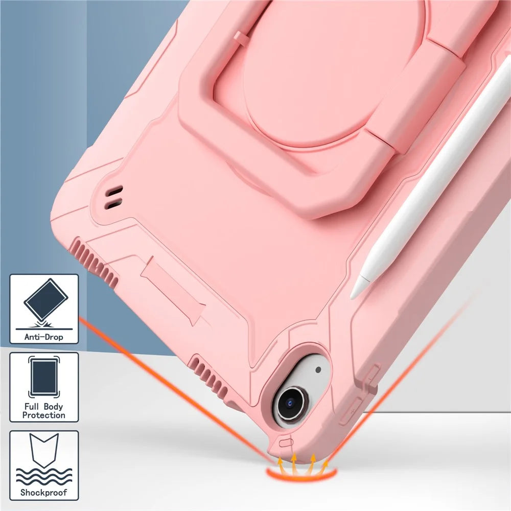 For iPad Air 11 (2026) / (2025) / (2024) Case with Shoulder Strap PC+Silicone Hand Grip Kickstand Tablet Cover - Rose Gold - 7