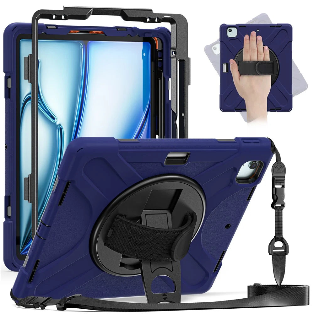 For iPad Air 13 (2026) / (2025) / (2024) Kickstand Case TPU+PC+Silicone Tablet Cover with Shoulder Strap - Navy Blue - 2