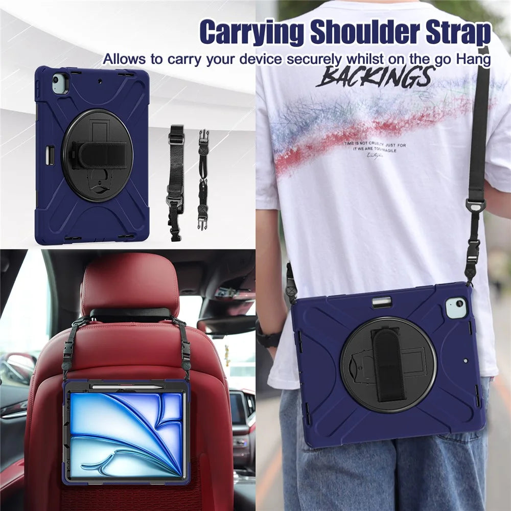 For iPad Air 13 (2026) / (2025) / (2024) Kickstand Case TPU+PC+Silicone Tablet Cover with Shoulder Strap - Navy Blue - 4