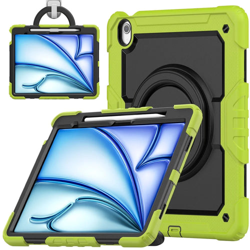 For iPad Air 13 (2026) / (2025) / (2024) Case PC+Silicone Tablet Cover with Kickstand, Strap - Yellowgreen - 1