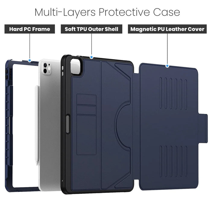 For iPad Pro 13 (2025) / 13 (2024) Shockproof Case PC+TPU+PU U-Shape Stand Tablet Cover with Card Slots - Navy Blue - 5