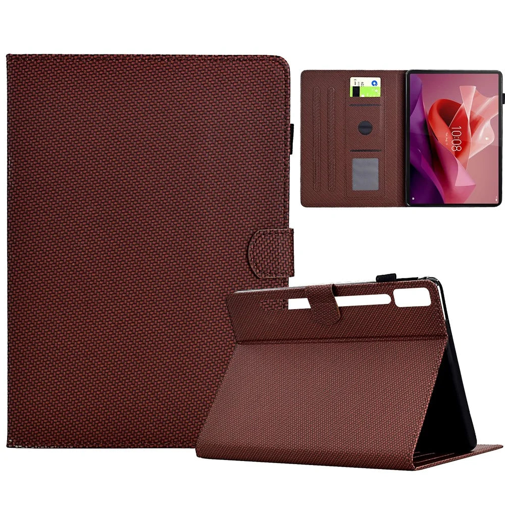 For Lenovo Tab P12 Leather Case Carbon Fiber Texture Tablet Cover Stand View - Brown - 1