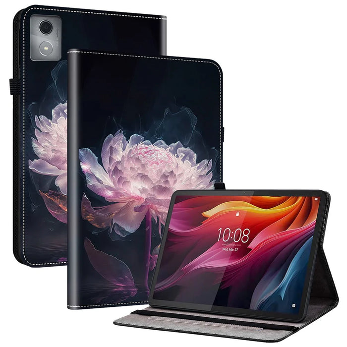 For Lenovo Tab K11 Plus Stand Case Pattern Print Card Slots PU Leather Tablet Cover - Purple Peony - 1
