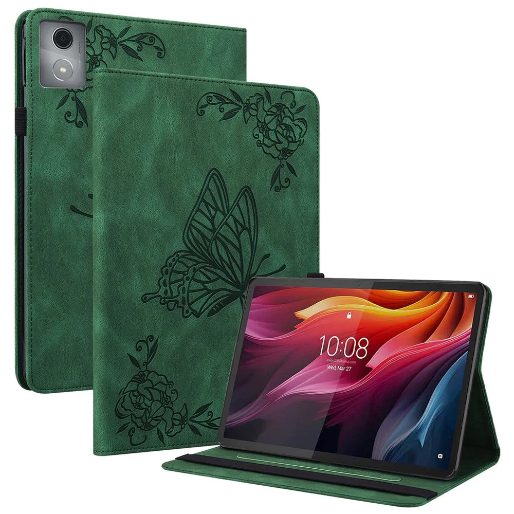 For Lenovo Tab K11 Plus Case Butterfly Flower Imprint PU Leather Tablet Cover with Card Slots - Green - 1