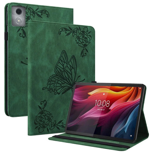For Lenovo Tab K11 Plus Case Butterfly Flower Imprint PU Leather Tablet Cover with Card Slots - Green - 1