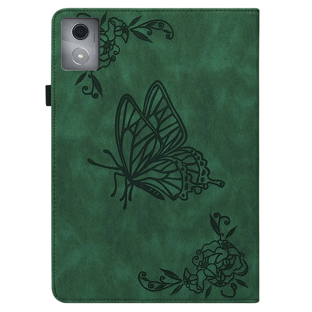 For Lenovo Tab K11 Plus Case Butterfly Flower Imprint PU Leather Tablet Cover with Card Slots - Green - 6