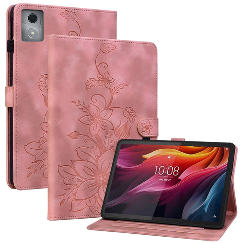 For Lenovo Tab K11 Plus Case Lily Flower Imprint Card Slots Leather Tablet Cover - Pink - 1