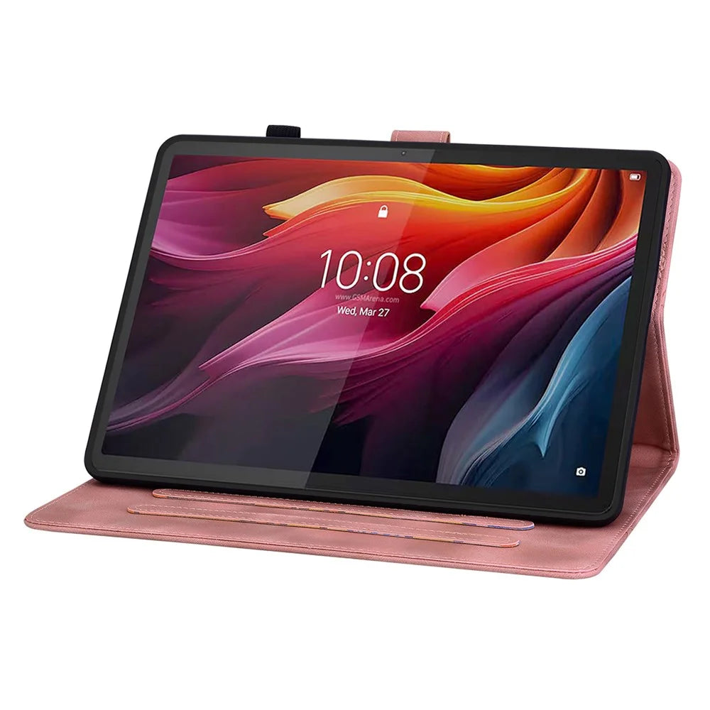 For Lenovo Tab K11 Plus Case Lily Flower Imprint Card Slots Leather Tablet Cover - Pink - 3