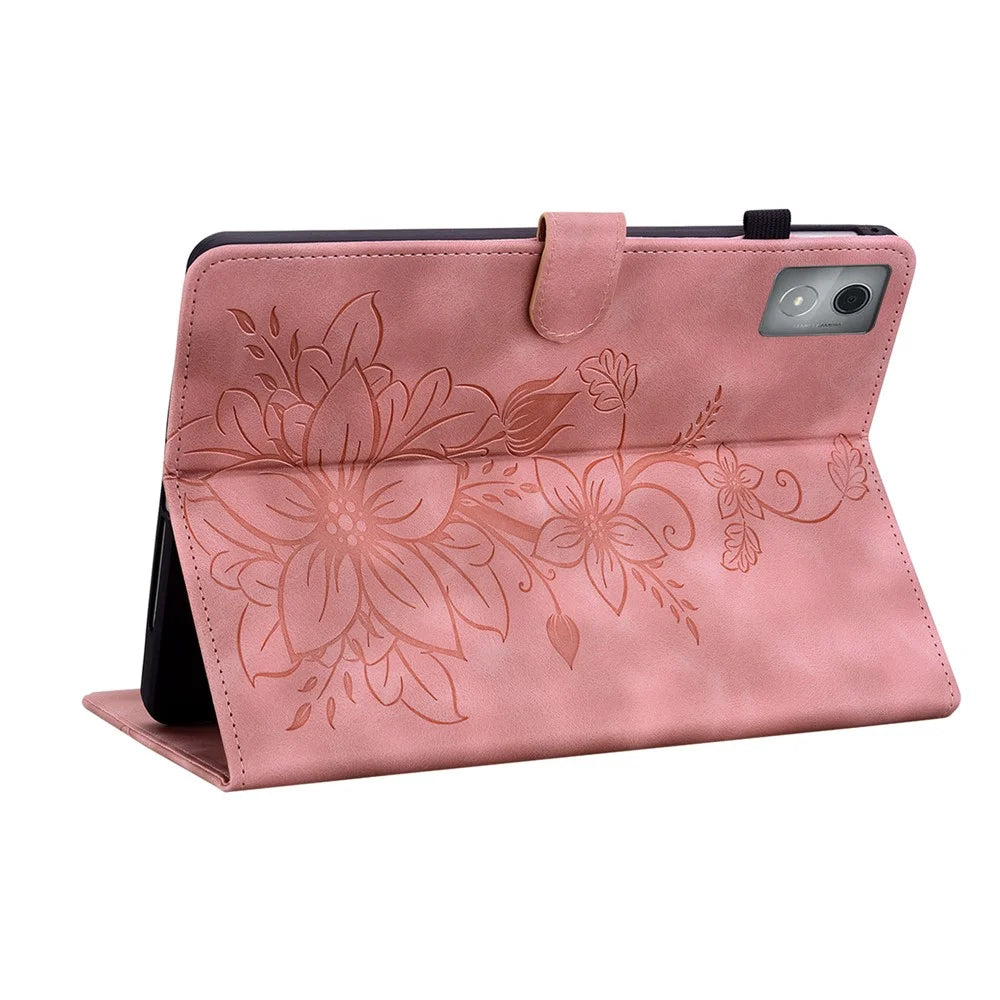 For Lenovo Tab K11 Plus Case Lily Flower Imprint Card Slots Leather Tablet Cover - Pink - 4