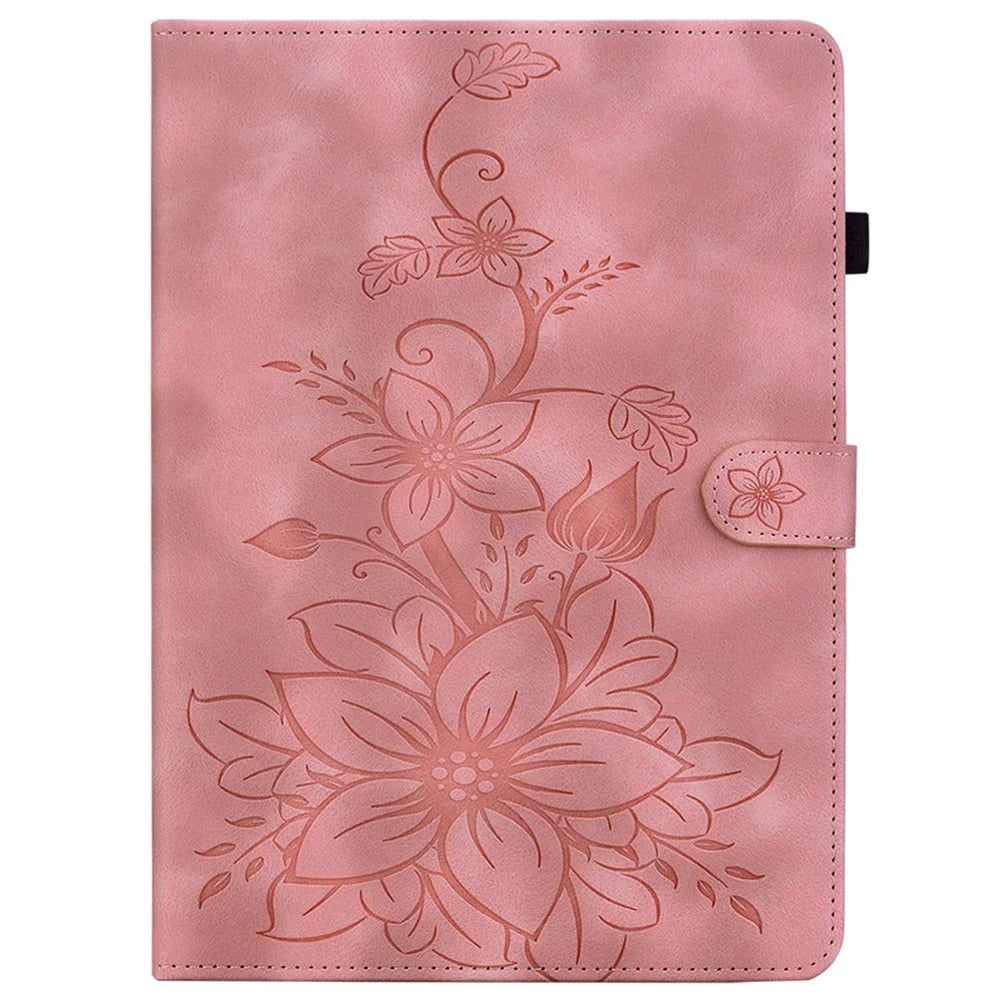 For Lenovo Tab K11 Plus Case Lily Flower Imprint Card Slots Leather Tablet Cover - Pink - 5