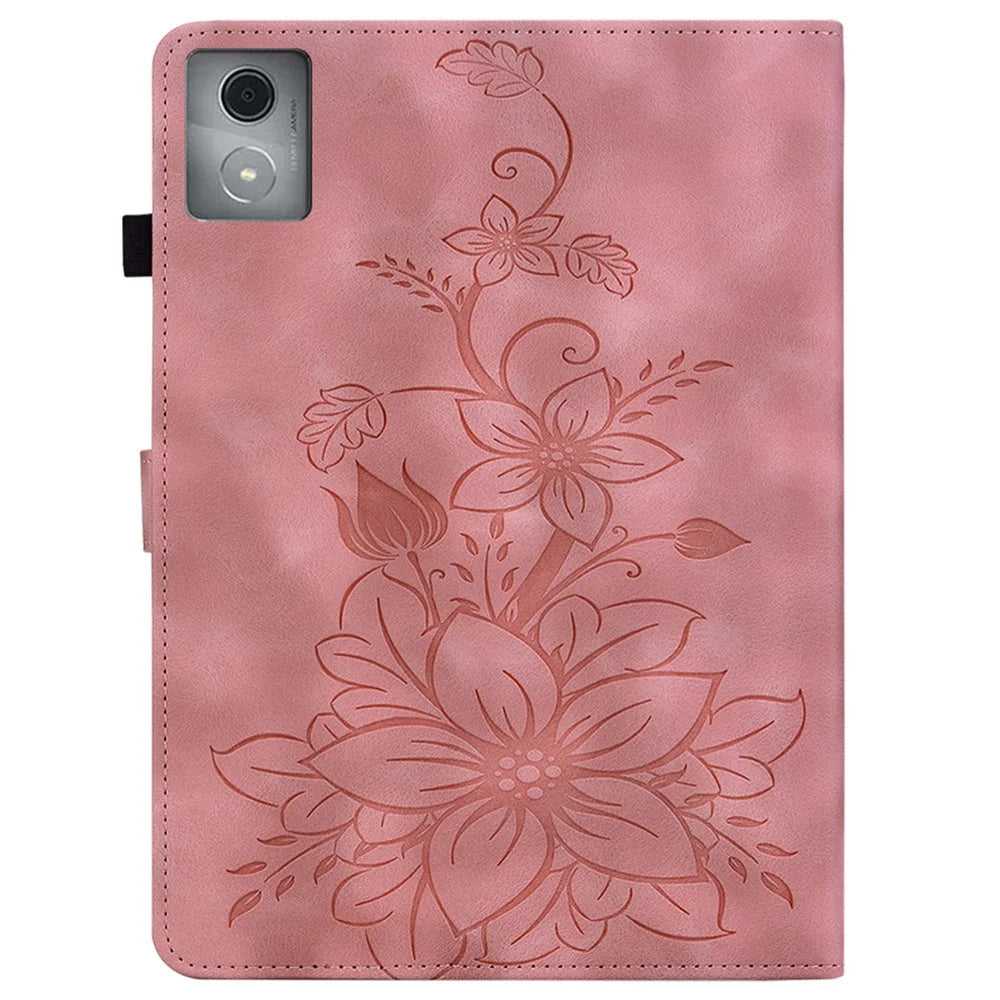 For Lenovo Tab K11 Plus Case Lily Flower Imprint Card Slots Leather Tablet Cover - Pink - 6