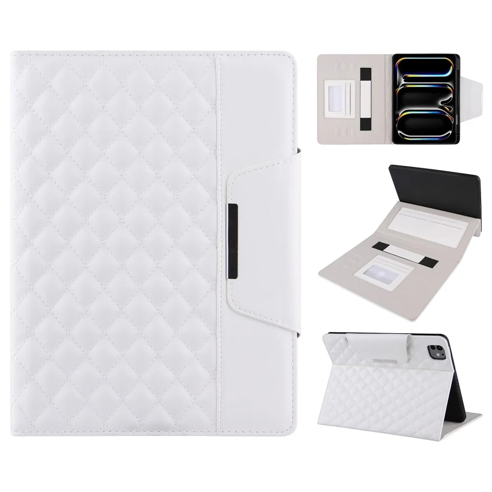 For iPad Pro 11 (2025) / 11 (2024) Case Grids Leather Tablet Cover Auto Wake / Sleep Card Holder - White - 1