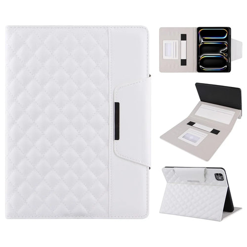 For iPad Pro 11 (2025) / 11 (2024) Case Grids Leather Tablet Cover Auto Wake / Sleep Card Holder - White - 1