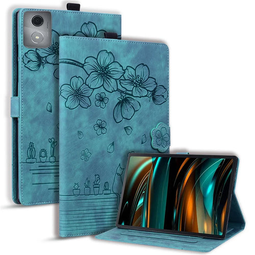 For Lenovo Tab M11 Plus / Tab K11 Plus Case Leather Stand Tablet Cover Flower Cat Card Slots - Green - 1