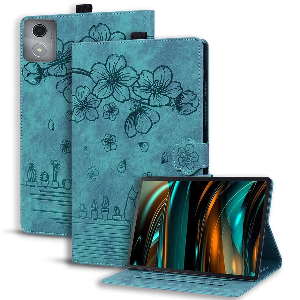 For Lenovo Tab M11 Plus / Tab K11 Plus Case Leather Stand Tablet Cover Flower Cat Card Slots - Green - 2