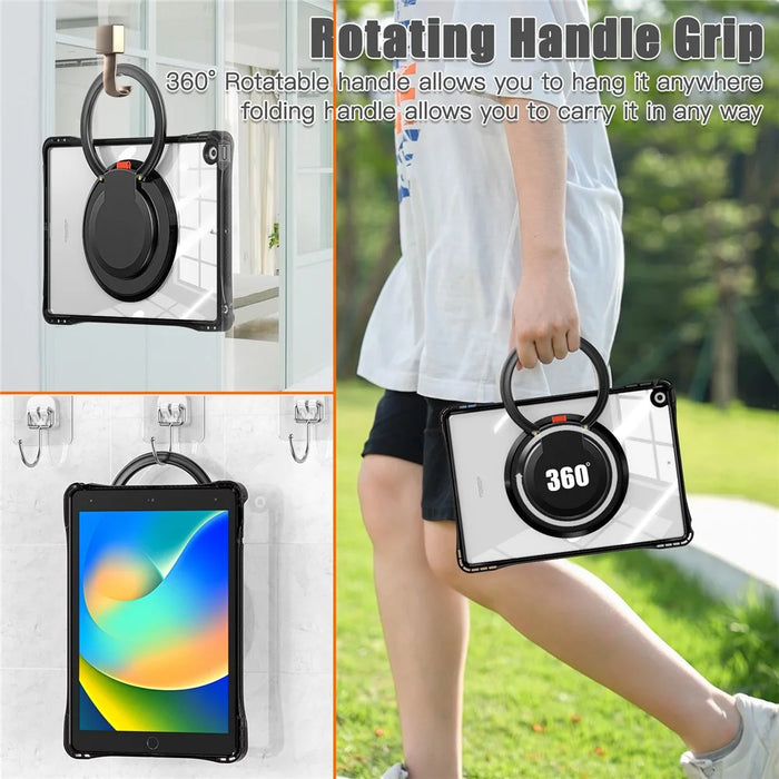 For iPad 10.2 (2021) / (2020) / (2019) Case Rotary Hand Grip Kickstand PC+TPU+Acrylic Tablet Cover - Black - 6