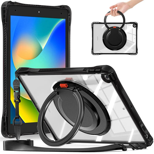 For iPad 10.2 (2021) / (2020) / (2019) Case with Shoulder Strap Rotary Kickstand PC+TPU+Acrylic Cover - Black - 1