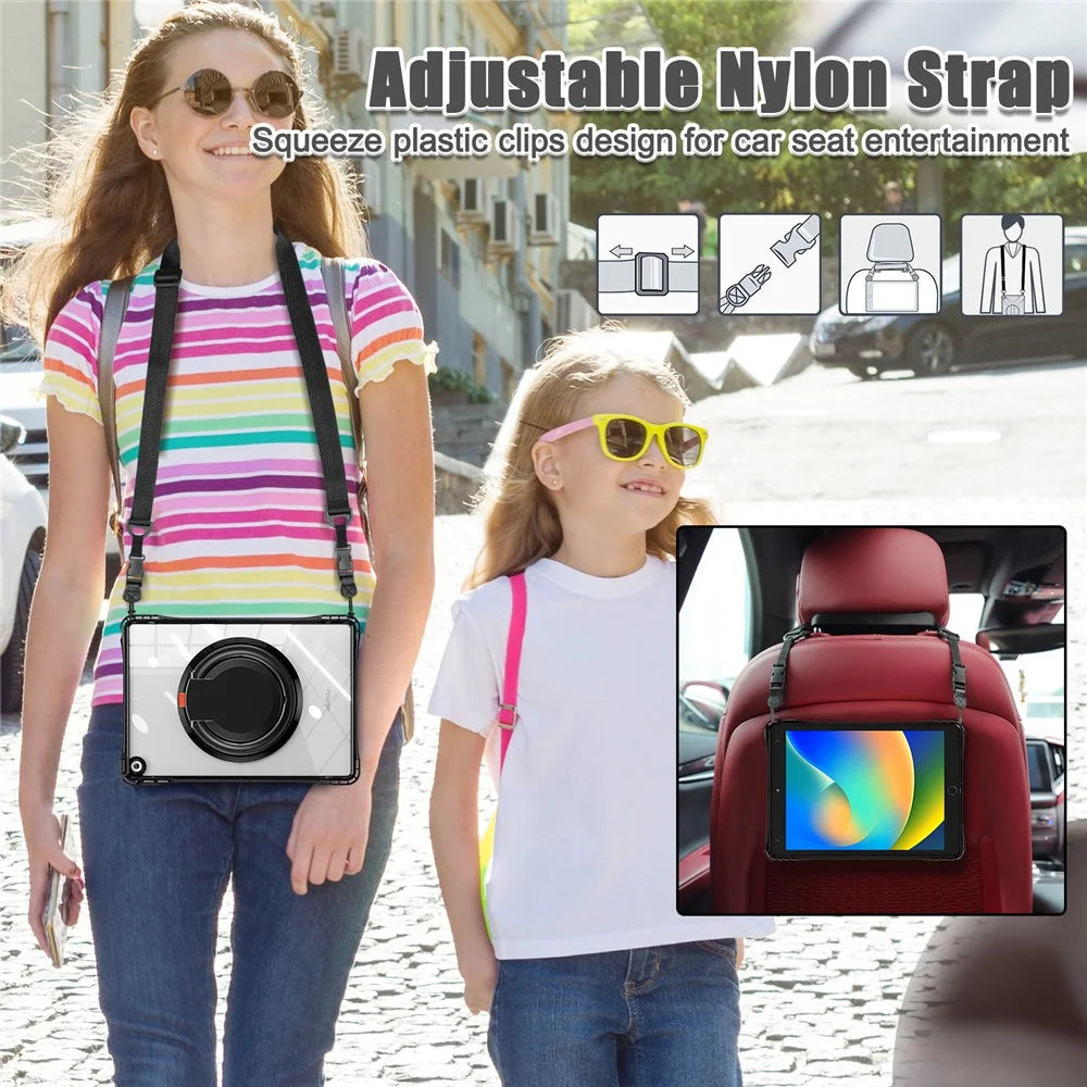 For iPad 10.2 (2021) / (2020) / (2019) Case with Shoulder Strap Rotary Kickstand PC+TPU+Acrylic Cover - Black - 2