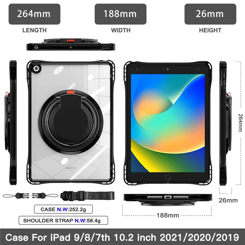 For iPad 10.2 (2021) / (2020) / (2019) Case with Shoulder Strap Rotary Kickstand PC+TPU+Acrylic Cover - Black - 4