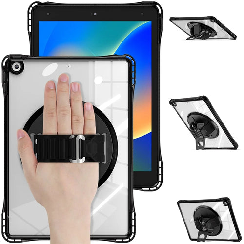 For iPad 10.2 (2021) / (2020) Case Hand Strap Kickstand PC+TPU+Acrylic Clear Tablet Cover - Black - 1