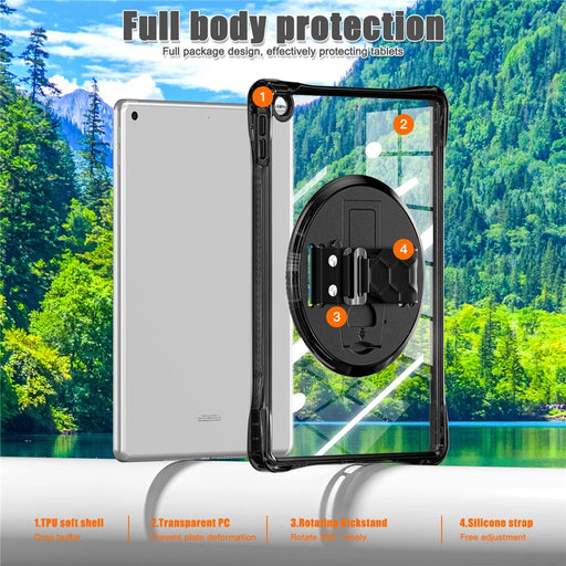 For iPad 10.2 (2021) / (2020) Case Hand Strap Kickstand PC+TPU+Acrylic Clear Tablet Cover - Black - 2