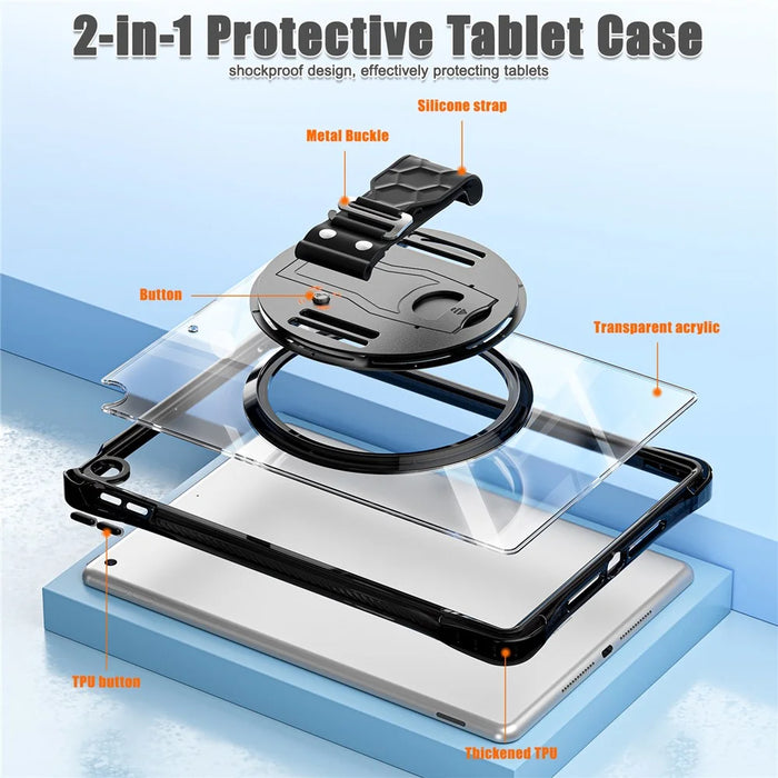 For iPad 10.2 (2021) / (2020) Case Hand Strap Kickstand PC+TPU+Acrylic Clear Tablet Cover - Black - 3