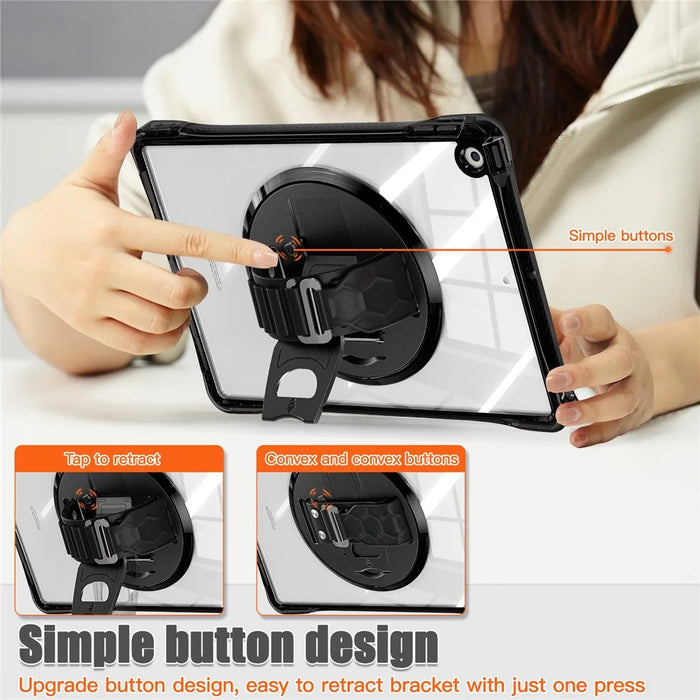 For iPad 10.2 (2021) / (2020) Case Hand Strap Kickstand PC+TPU+Acrylic Clear Tablet Cover - Black - 7