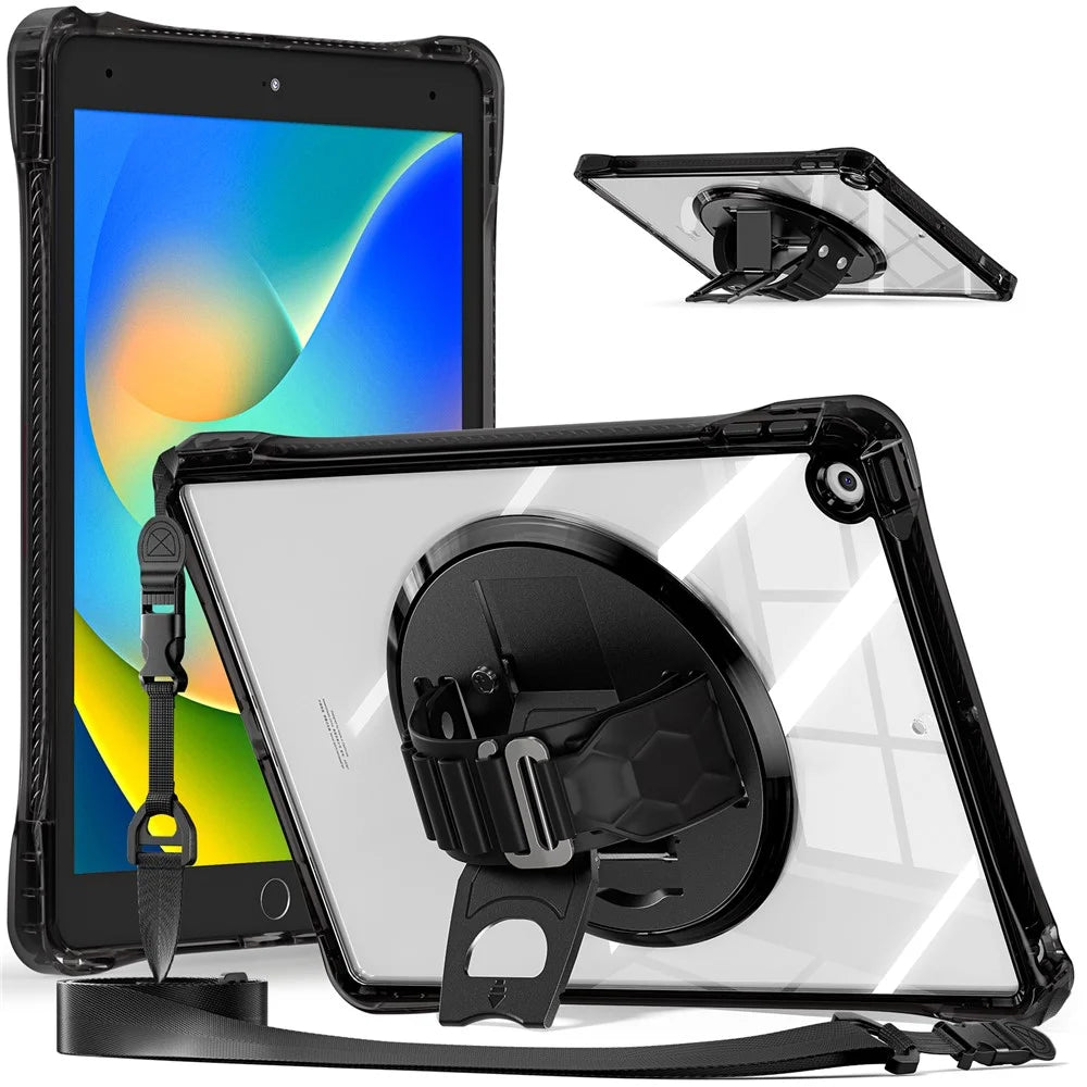 For iPad 10.2 (2021) / (2020) Kickstand Case Hand Strap PC+TPU+Acrylic Cover with Shoulder Strap - Black - 1