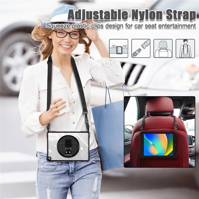 For iPad 10.2 (2021) / (2020) Kickstand Case Hand Strap PC+TPU+Acrylic Cover with Shoulder Strap - Black - 2
