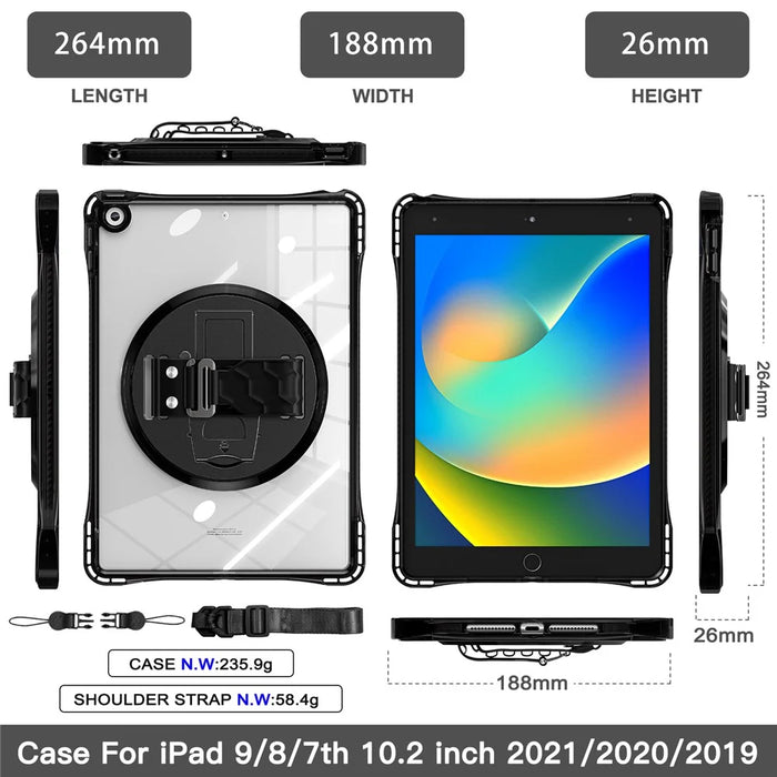 For iPad 10.2 (2021) / (2020) Kickstand Case Hand Strap PC+TPU+Acrylic Cover with Shoulder Strap - Black - 3