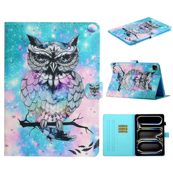 For iPad Pro 11 (2025) / 11 (2024) Case Pattern Printed Leather Tablet Cover Stand Pen Holder - Owl - 1