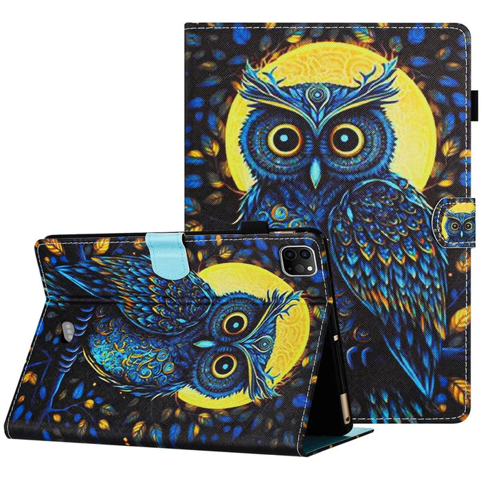For iPad Pro 11 (2025) / 11 (2024) Case Pattern Portable Protective Folio Leather Tablet Cover Card Holder - Moonlight Owl - 1