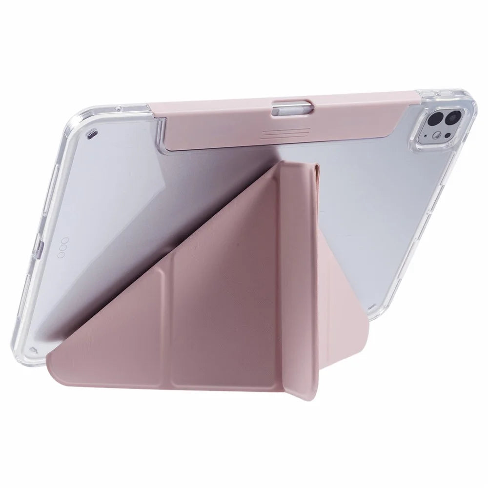 MUTURAL For iPad Pro 11 (2025) / 11 (2024) Case PU Leather Clear Back Tablet Cover with Pencil Holder Origami Standing - Pink - 3