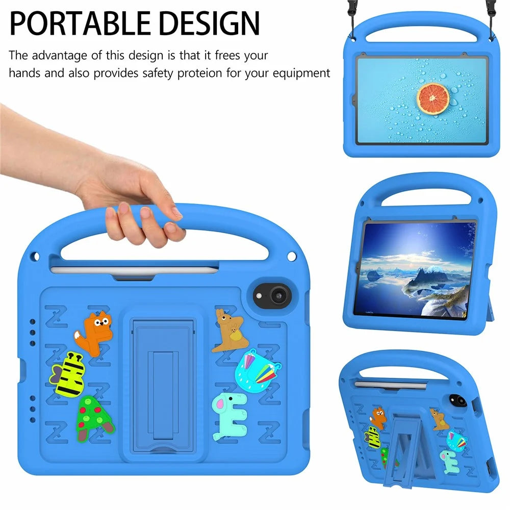 For iPad mini (2024) / mini (2021) Kickstand Case Cartoon Design Anti-Drop EVA+PC Tablet Cover with Strap for Kids - Blue - 6