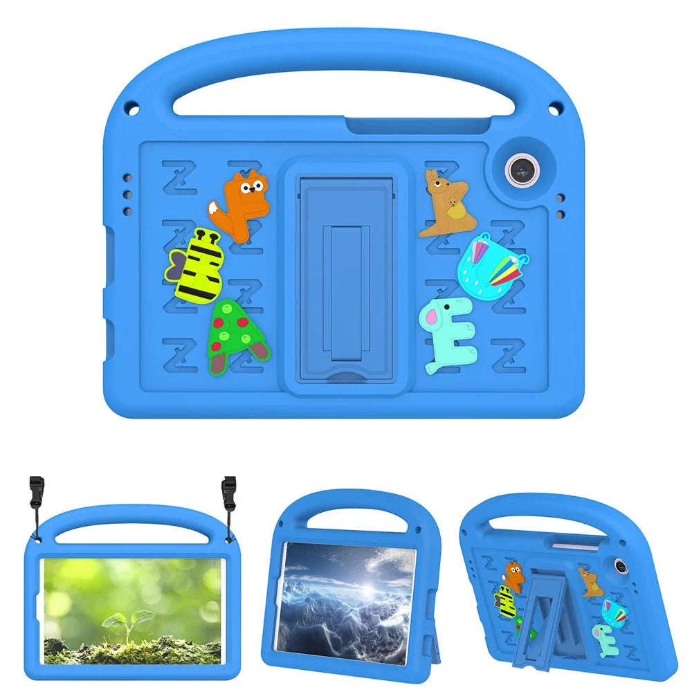 For Samsung Galaxy Tab A11 / A9 Kickstand Case Cartoon Design Anti-Drop EVA+PC Tablet Cover with Strap for Kids - Blue - 1
