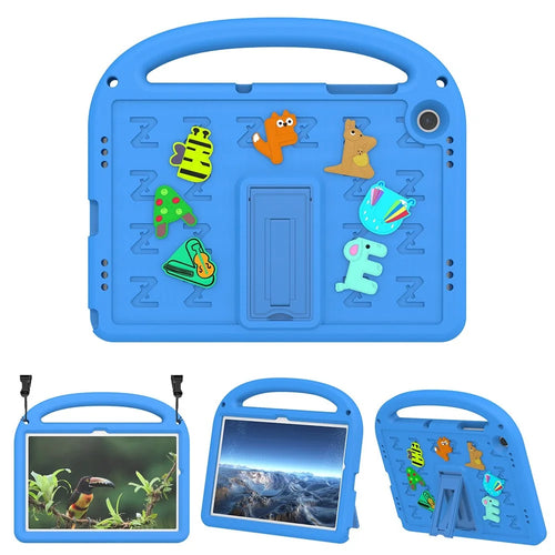 For Samsung Galaxy Tab A11+ / A9+ Kickstand Case Cartoon Design Anti-Drop EVA+PC Tablet Cover with Strap for Kids - Blue - 1
