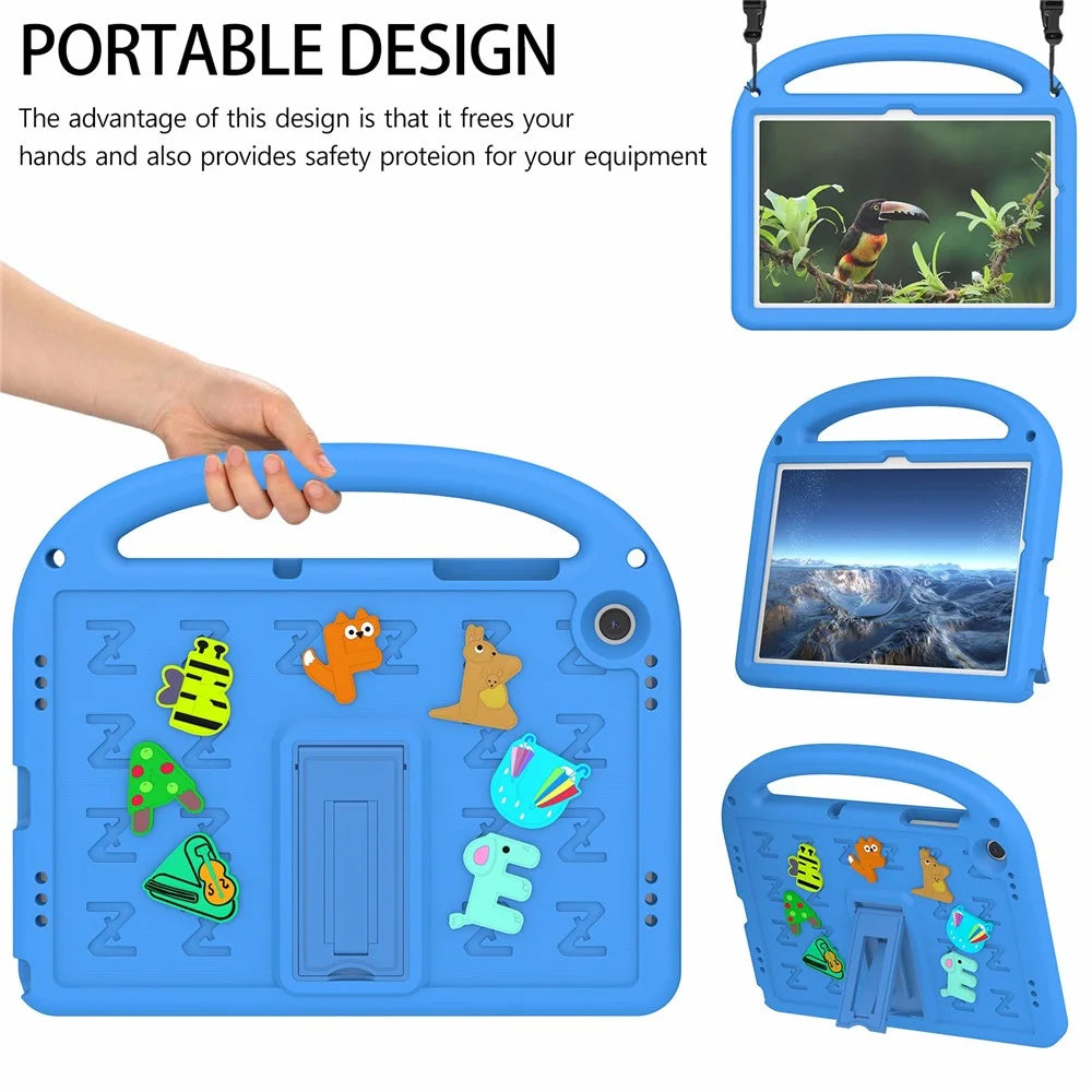 For Samsung Galaxy Tab A11+ / A9+ Kickstand Case Cartoon Design Anti-Drop EVA+PC Tablet Cover with Strap for Kids - Blue - 6