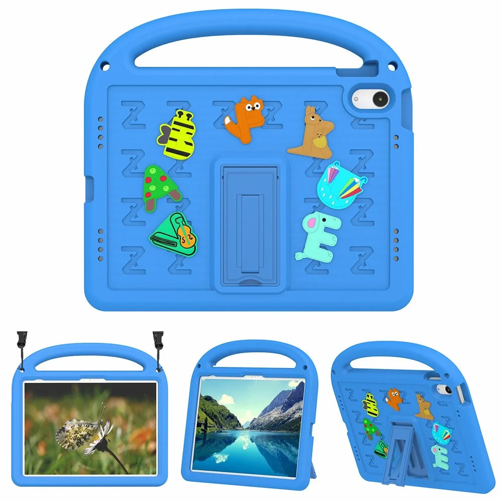 For iPad (2025) / 10.9 (2022) Kickstand Case Cartoon Design Anti-Drop EVA+PC Tablet Cover with Strap for Kids - Blue - 1