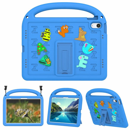 For iPad (2025) / 10.9 (2022) Kickstand Case Cartoon Design Anti-Drop EVA+PC Tablet Cover with Strap for Kids - Blue - 1