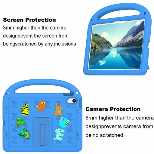 For iPad (2025) / 10.9 (2022) Kickstand Case Cartoon Design Anti-Drop EVA+PC Tablet Cover with Strap for Kids - Blue - 2