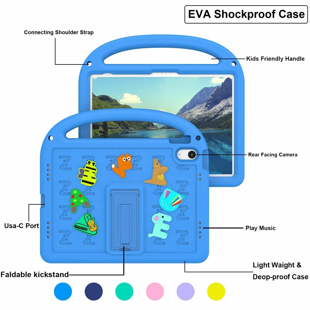 For iPad (2025) / 10.9 (2022) Kickstand Case Cartoon Design Anti-Drop EVA+PC Tablet Cover with Strap for Kids - Blue - 5