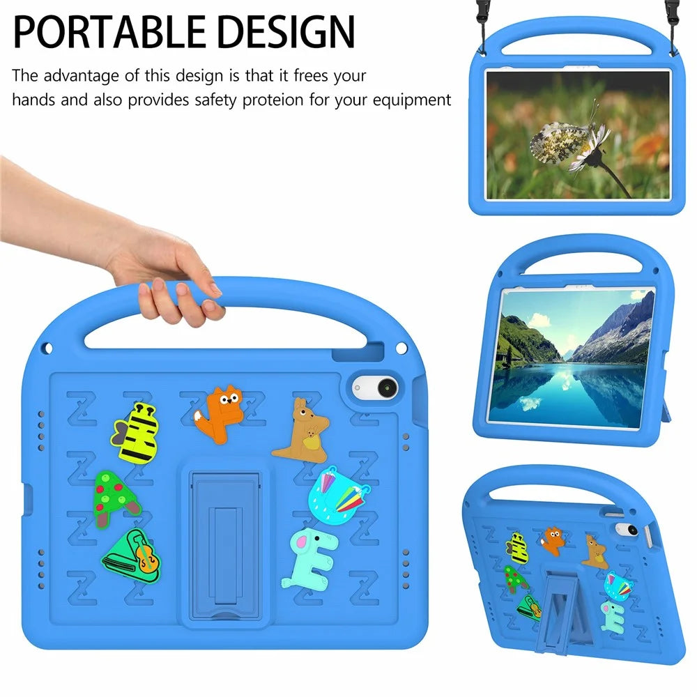 For iPad (2025) / 10.9 (2022) Kickstand Case Cartoon Design Anti-Drop EVA+PC Tablet Cover with Strap for Kids - Blue - 6