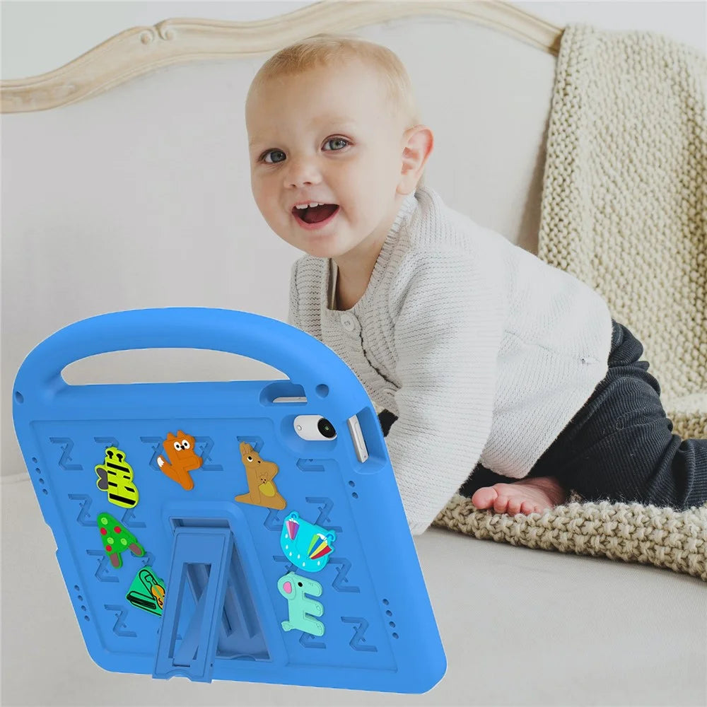 For iPad (2025) / 10.9 (2022) Kickstand Case Cartoon Design Anti-Drop EVA+PC Tablet Cover with Strap for Kids - Blue - 7