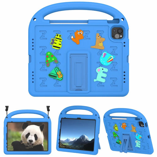 For iPad Pro 11 (2022) / (2021) / (2020) / (2018) / Air (2022) / (2020) Kickstand Case Cartoon Design Anti-Drop EVA+PC Tablet Cover with Strap for Kids - Blue - 1