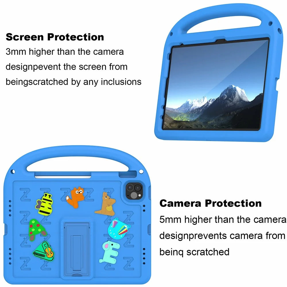 For iPad Pro 11 (2022) / (2021) / (2020) / (2018) / Air (2022) / (2020) Kickstand Case Cartoon Design Anti-Drop EVA+PC Tablet Cover with Strap for Kids - Blue - 2
