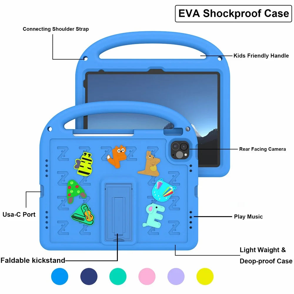For iPad Pro 11 (2022) / (2021) / (2020) / (2018) / Air (2022) / (2020) Kickstand Case Cartoon Design Anti-Drop EVA+PC Tablet Cover with Strap for Kids - Blue - 5