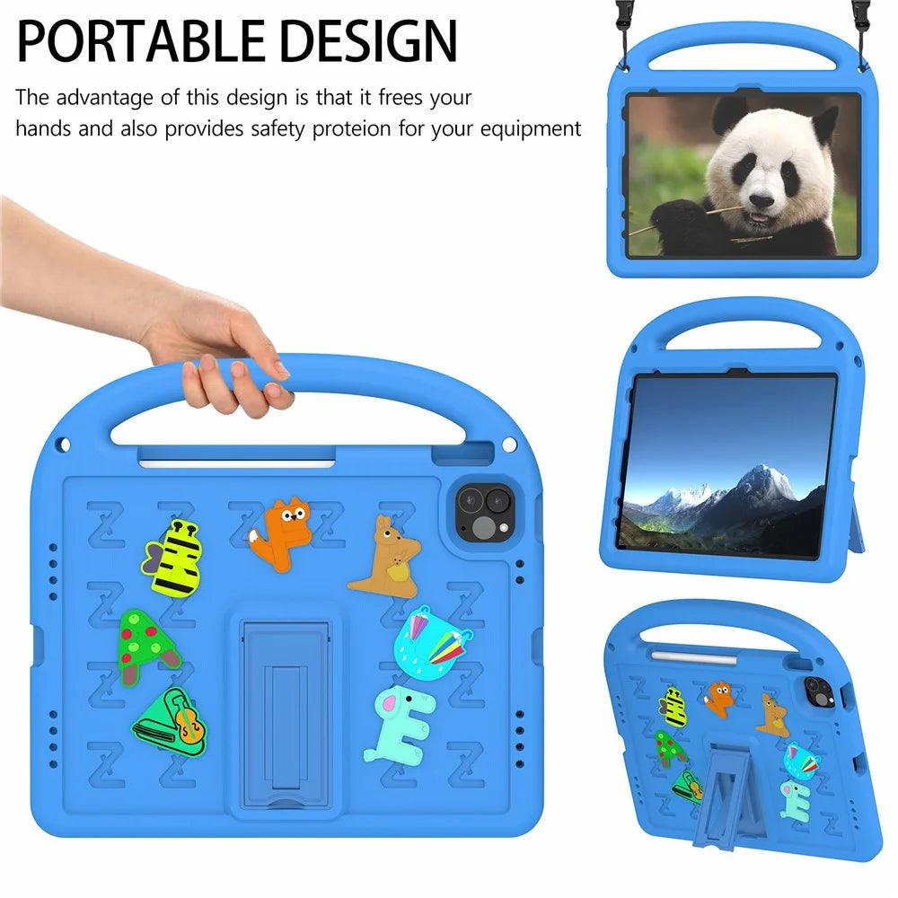 For iPad Pro 11 (2022) / (2021) / (2020) / (2018) / Air (2022) / (2020) Kickstand Case Cartoon Design Anti-Drop EVA+PC Tablet Cover with Strap for Kids - Blue - 6
