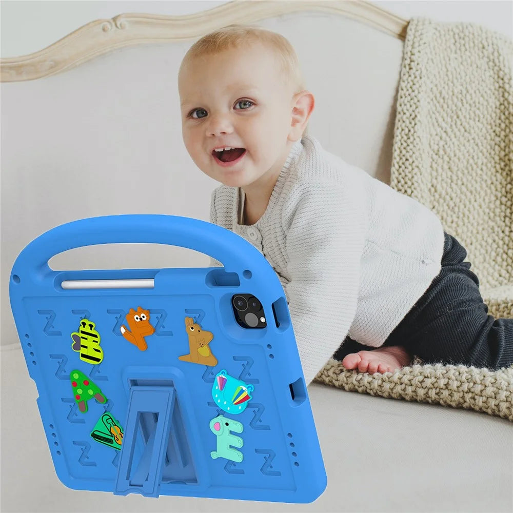 For iPad Pro 11 (2022) / (2021) / (2020) / (2018) / Air (2022) / (2020) Kickstand Case Cartoon Design Anti-Drop EVA+PC Tablet Cover with Strap for Kids - Blue - 7