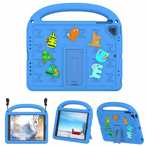 For iPad 9.7-inch (2018) / (2017) / Air (2013) / Air 2 Kickstand Case Cartoon Design Anti-Drop EVA+PC Tablet Cover with Strap for Kids - Blue - 1